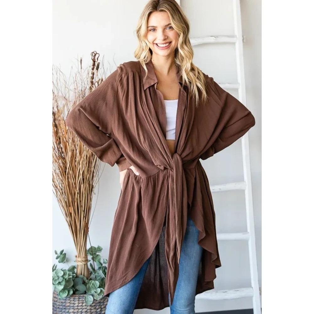 Oli & Hali Womens S Brown Slouchy Boho Long Sleeve Tie Front Cover-Up Tunic Top